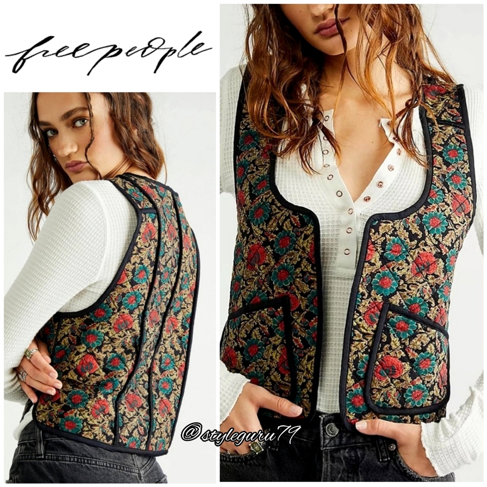 Free People, Kenzie Quilted Floral Vest in Black Motif